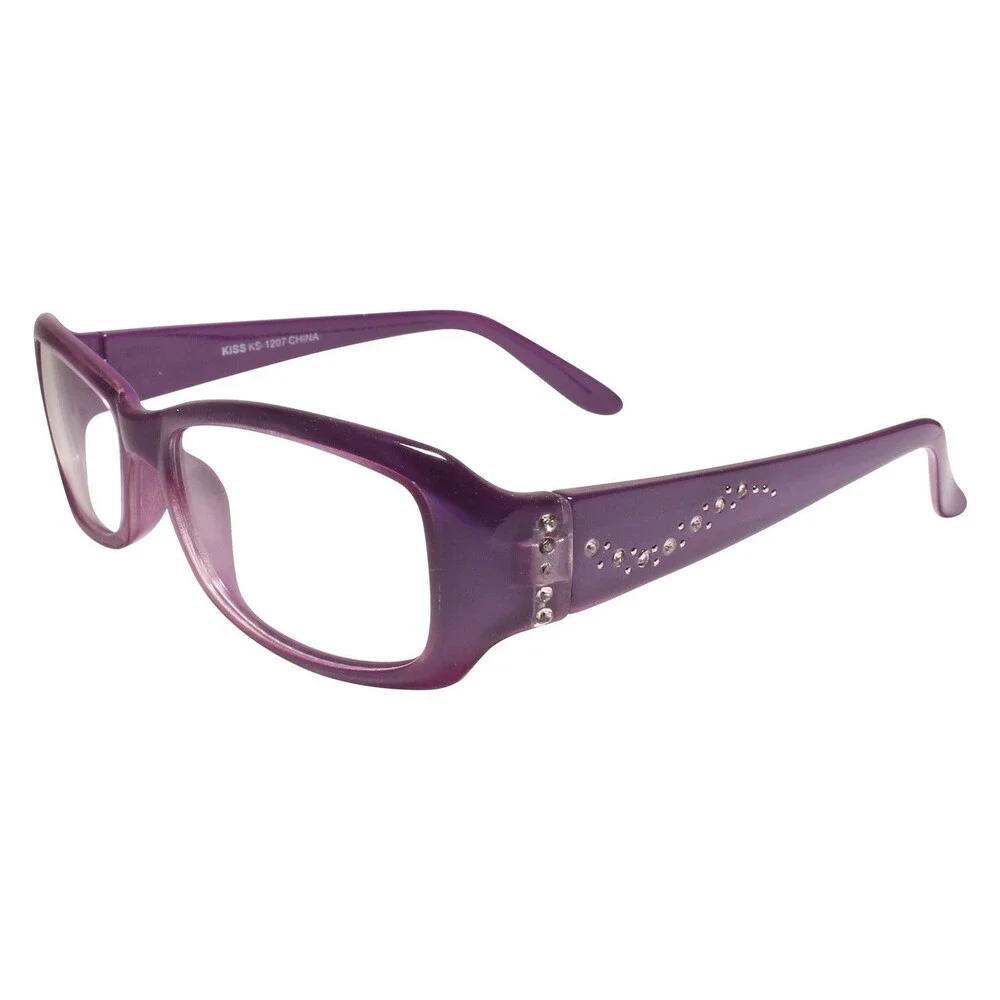 Stylish Womens Sophisticated Rhinestone Purple Rectangle Clear Lens Glasses
